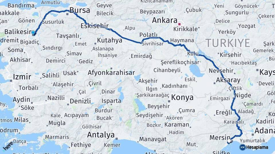 Balıkesir Mezitli Mersin Arası Kaç Km - Yol Haritası