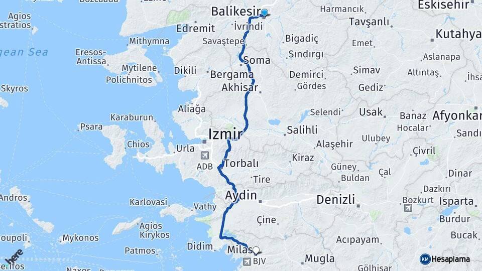 Balıkesir Milas Muğla Arası Kaç Km - Yol Haritası