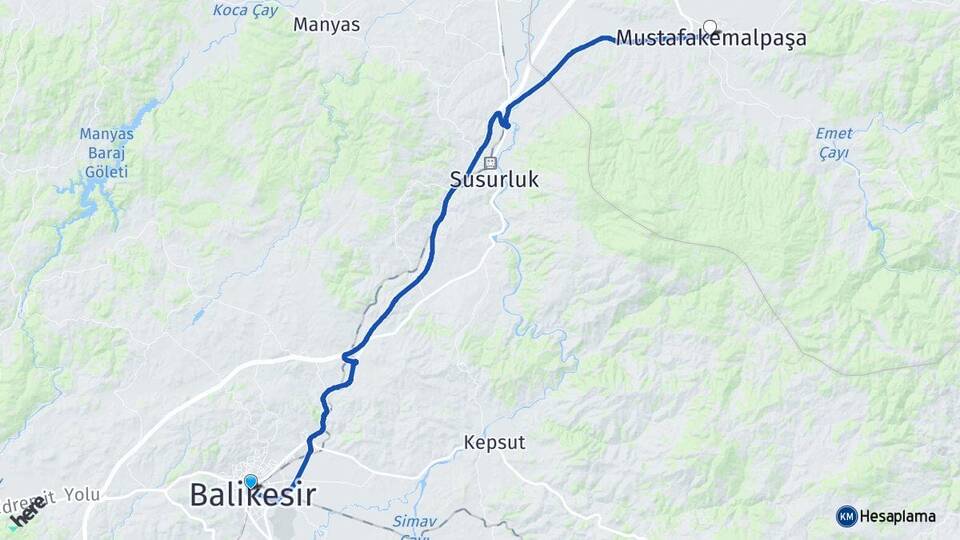Balıkesir Mustafakemalpaşa Bursa Arası Kaç Km - Yol Haritası
