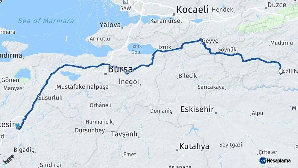 Balıkesir Nallıhan Ankara Arası Kaç Km - Yol Haritası