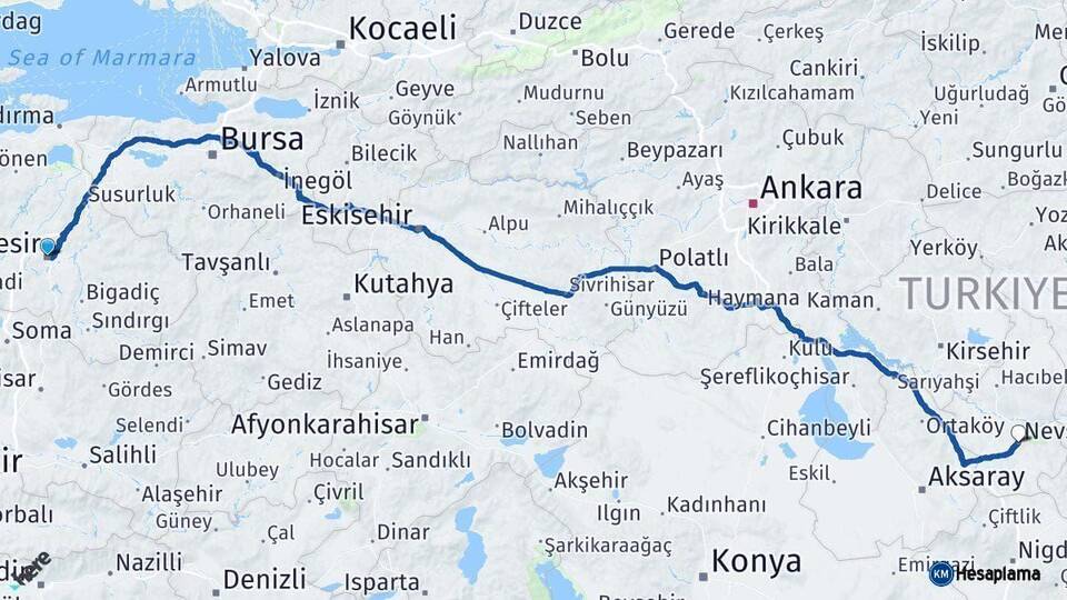 Balıkesir Nevşehir Arası Kaç Km - Yol Haritası