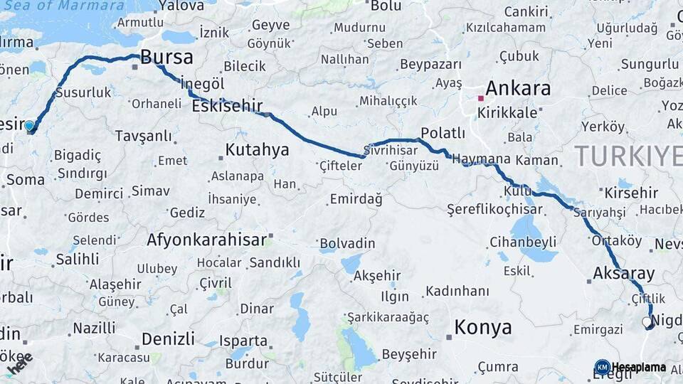 Balıkesir Niğde Arası Kaç Km - Yol Haritası