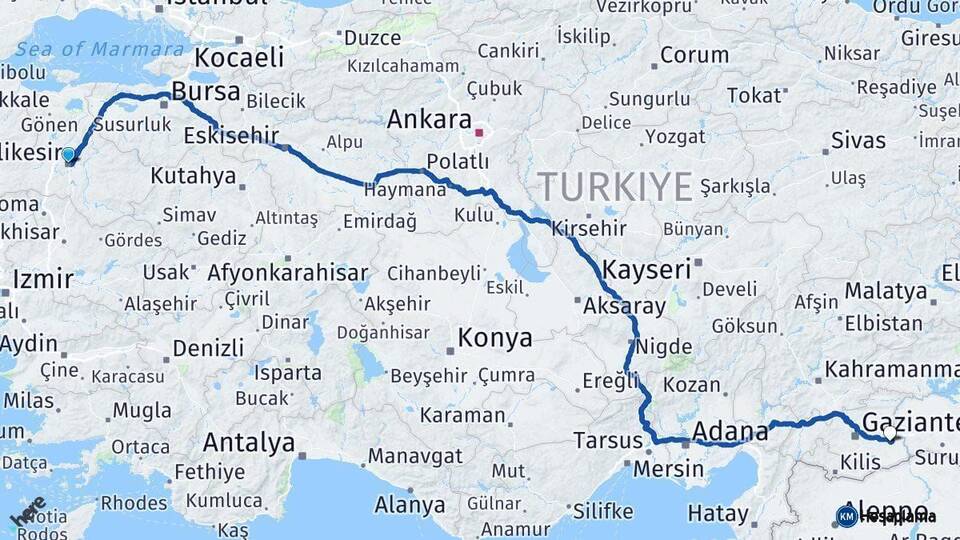 Balıkesir Nizip Gaziantep Arası Kaç Km - Yol Haritası