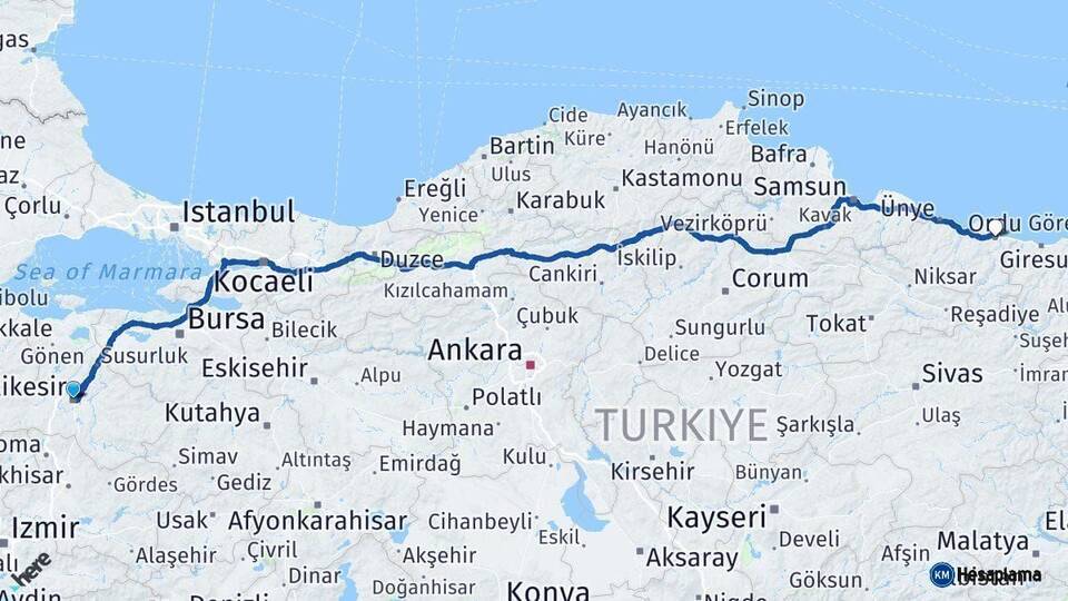 Balıkesir Ordu Arası Kaç Km - Yol Haritası
