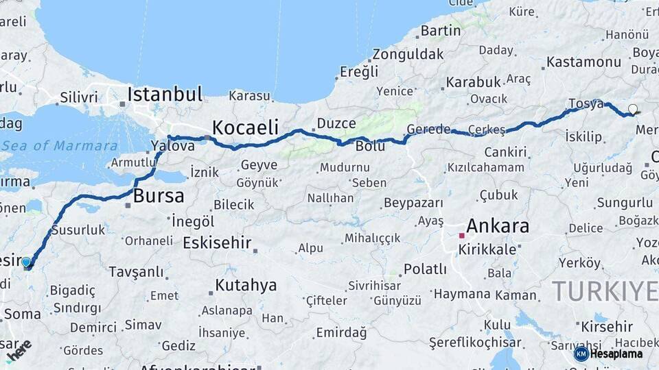 Balıkesir Osmancık Çorum Arası Kaç Km - Yol Haritası