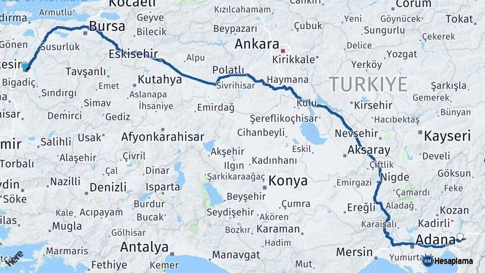 Balıkesir Osmaniye Arası Kaç Km - Yol Haritası