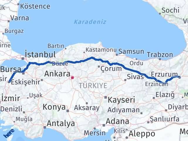 Balıkesir Palandöken Erzurum Arası Kaç Km - Yol Haritası