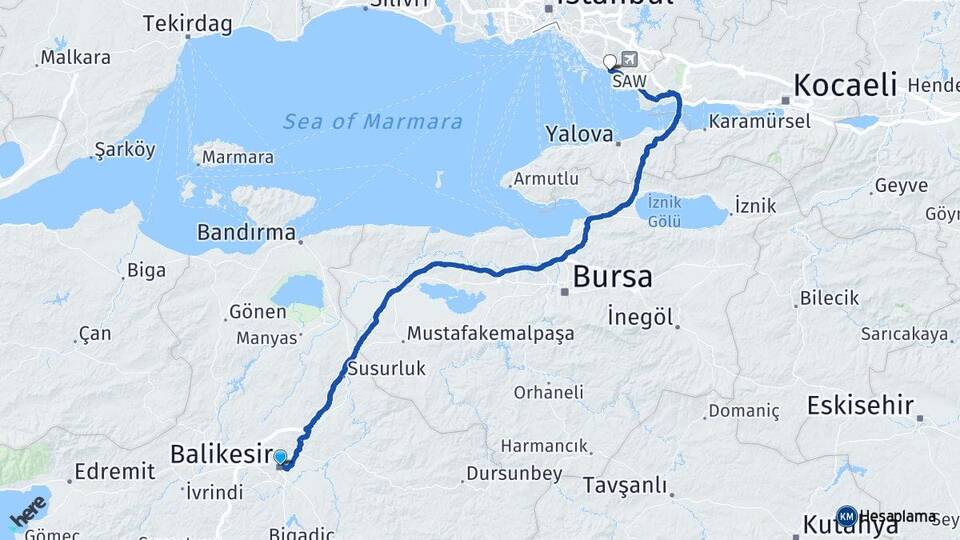 Balıkesir Pendik İstanbul Arası Kaç Km - Yol Haritası