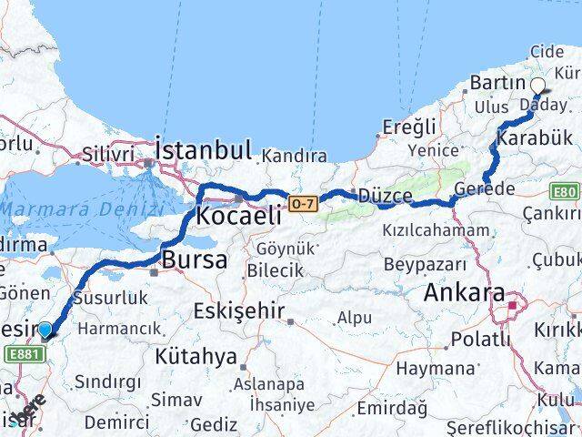 Balıkesir Pınarbaşı Kastamonu Arası Kaç Km - Yol Haritası