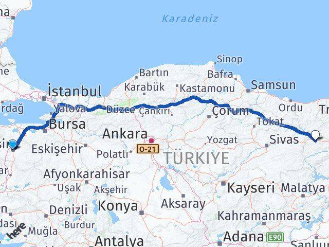 Balıkesir Refahiye Erzincan Arası Kaç Km - Yol Haritası