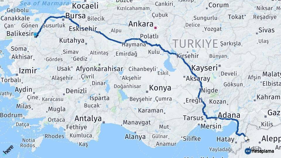 Balıkesir Reyhanlı Hatay Arası Kaç Km - Yol Haritası