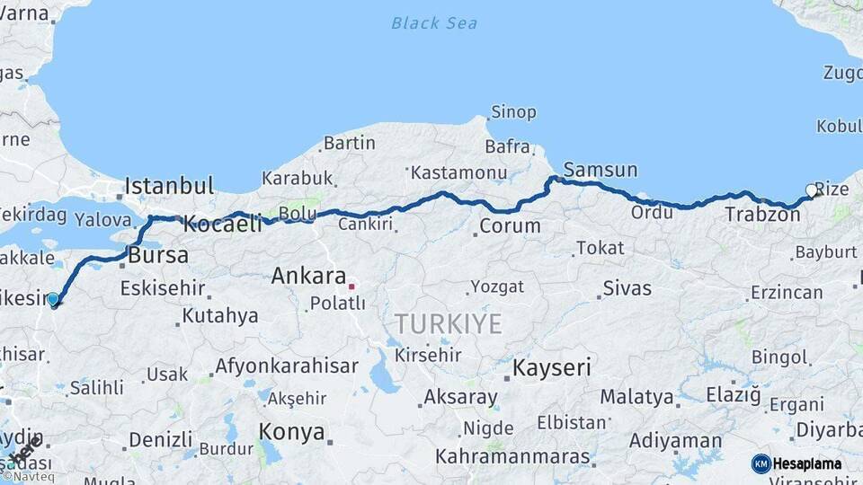 Balıkesir Rize Arası Kaç Km - Yol Haritası