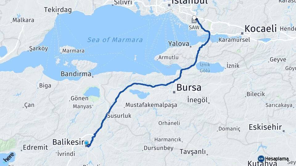 Balıkesir Sabiha Gökçen Havalimanı Arası Kaç Km - Yol Haritası