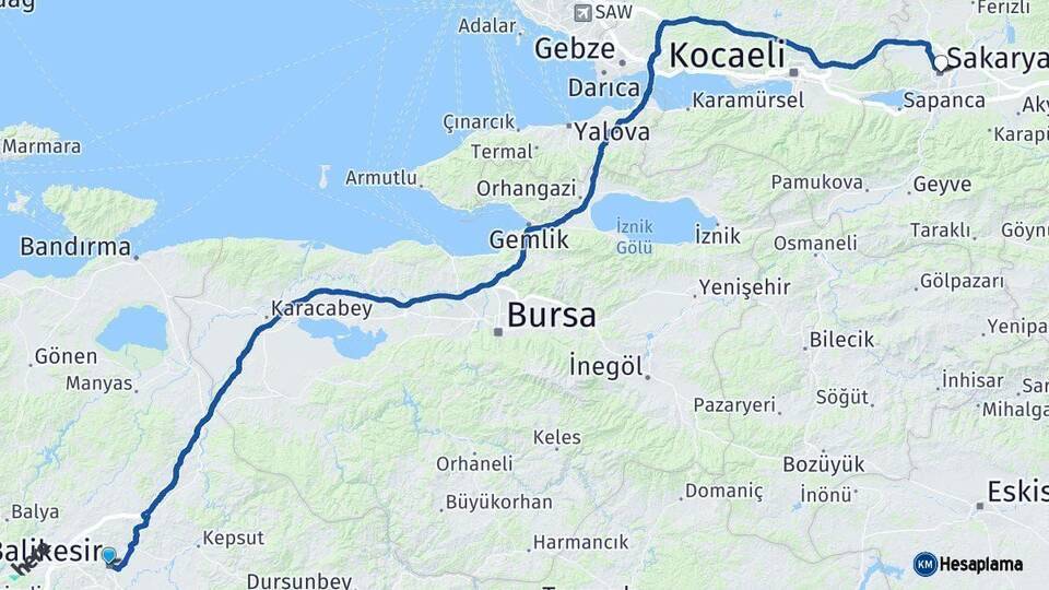 Balıkesir Sakarya Arası Kaç Km - Yol Haritası