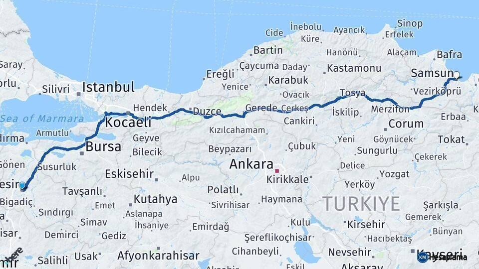 Balıkesir Samsun Arası Kaç Km - Yol Tarifi