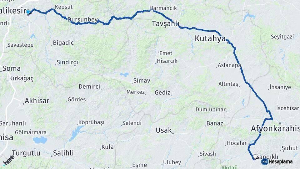 Balıkesir Sandıklı Afyonkarahisar Arası Kaç Km - Yol Haritası