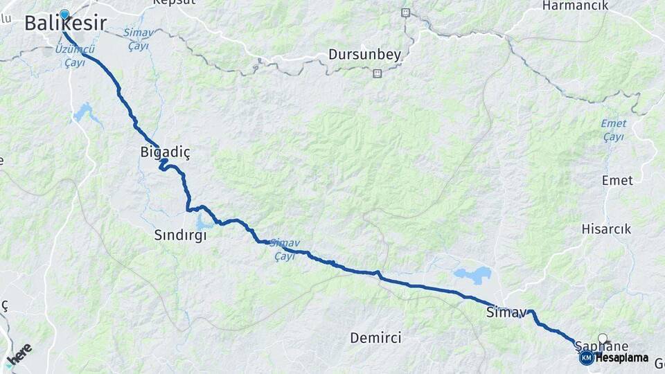 Balıkesir Şaphane Kütahya Arası Kaç Km - Yol Haritası