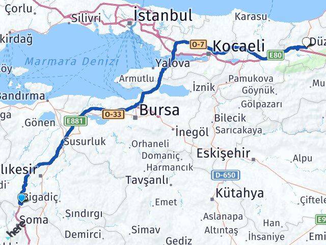 Balıkesir Savaştepe Düzce Arası Kaç Km - Yol Haritası