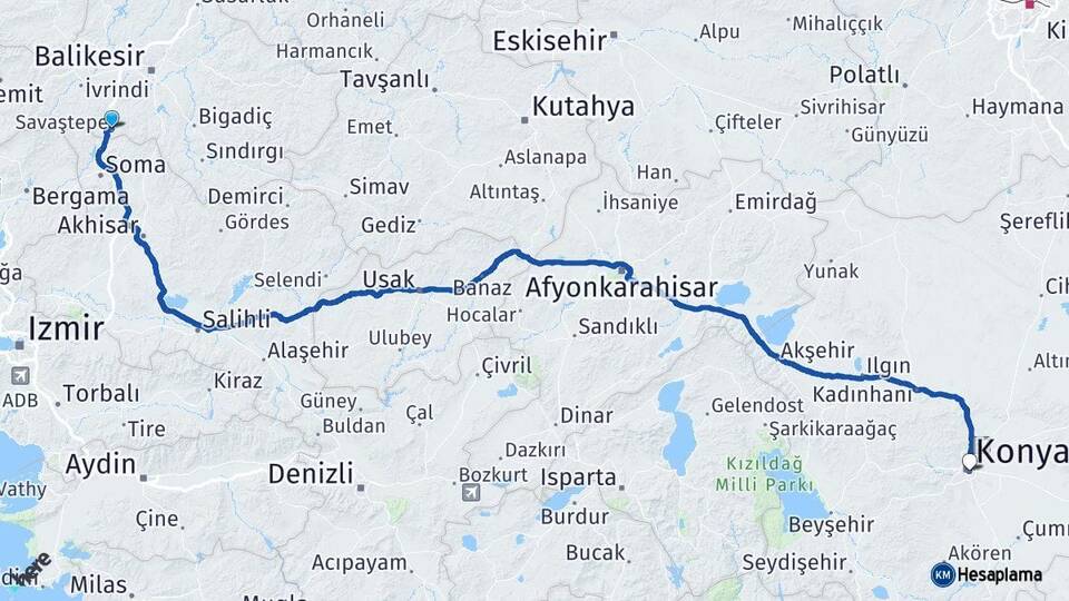 Balıkesir Savaştepe Konya Arası Kaç Km - Yol Haritası