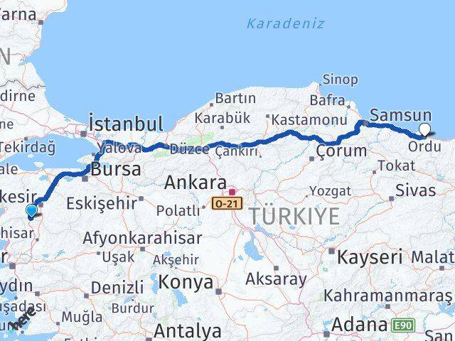 Balıkesir Savaştepe Ordu Arası Kaç Km - Yol Haritası