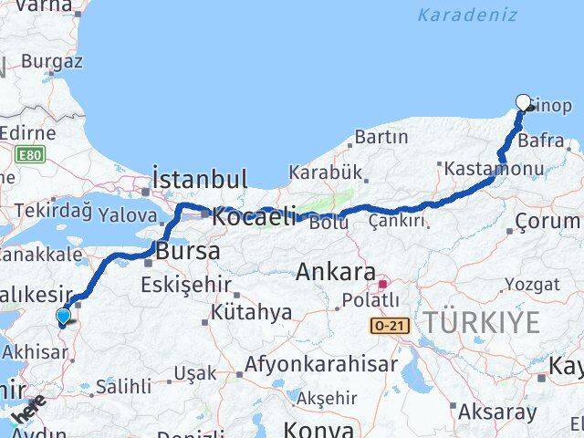 Balıkesir Savaştepe Sinop Arası Kaç Km - Yol Haritası