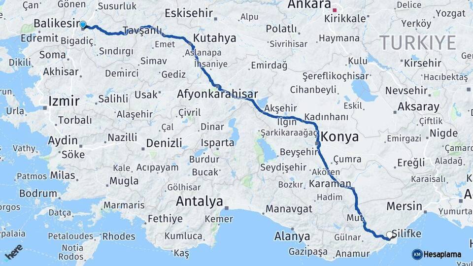 Balıkesir Silifke Mersin Arası Kaç Km - Yol Haritası