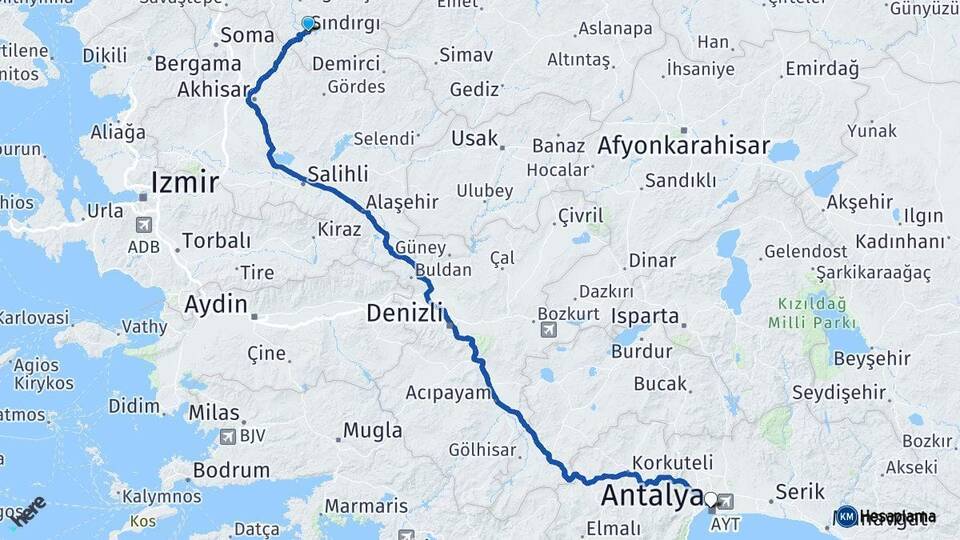 Balıkesir Sındırgı Antalya Arası Kaç Km - Yol Haritası