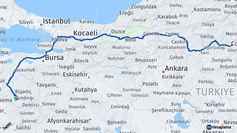 Balıkesir Sındırgı Çorum Arası Kaç Km - Yol Haritası