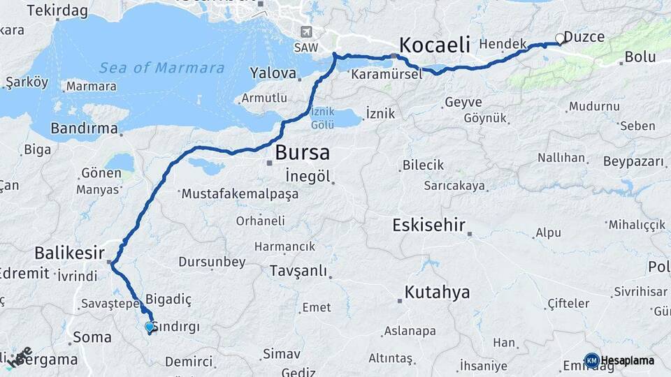 Balıkesir Sındırgı Düzce Arası Kaç Km - Yol Haritası