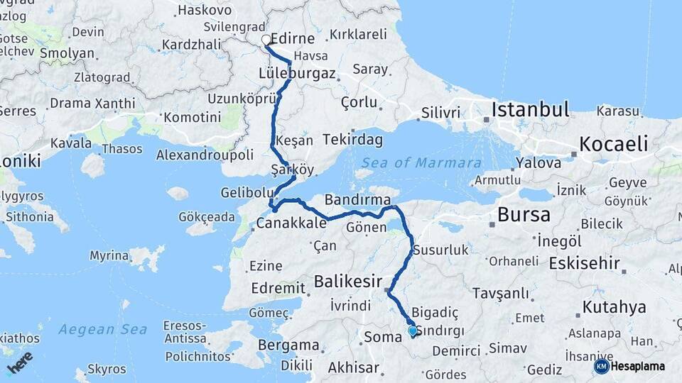 Balıkesir Sındırgı Edirne Arası Kaç Km - Yol Haritası