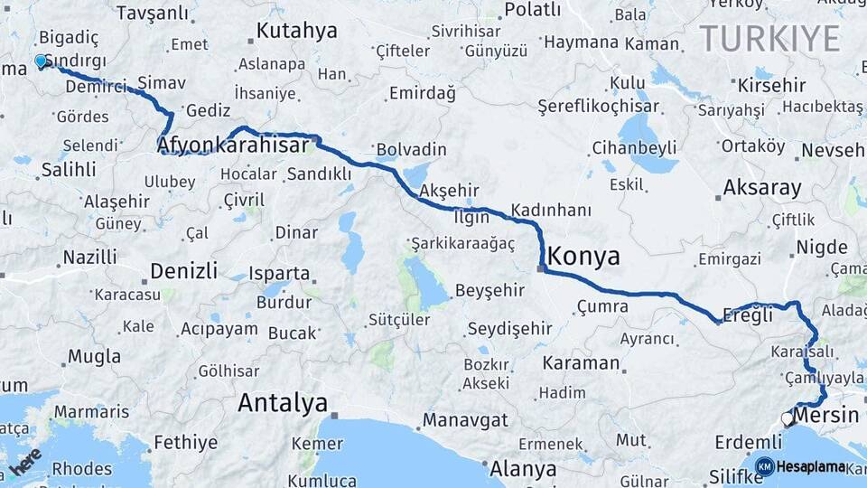 Balıkesir Sındırgı Mersin Arası Kaç Km - Yol Haritası