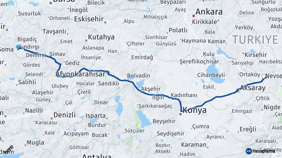 Balıkesir Sındırgı Nevşehir Arası Kaç Km - Yol Haritası