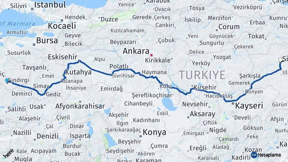 Balıkesir Sındırgı Sivas Arası Kaç Km - Yol Haritası