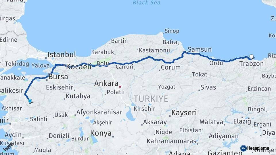 Balıkesir Sındırgı Trabzon Arası Kaç Km - Yol Haritası