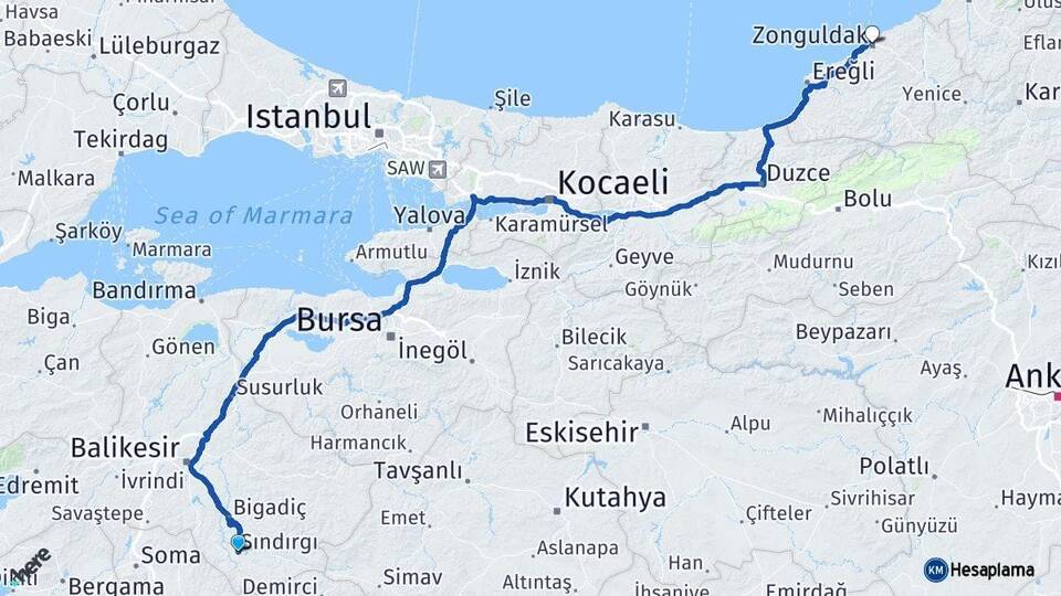 Balıkesir Sındırgı Zonguldak Arası Kaç Km - Yol Haritası