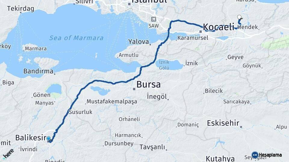 Balıkesir Söğütlü Sakarya Arası Kaç Km - Yol Haritası