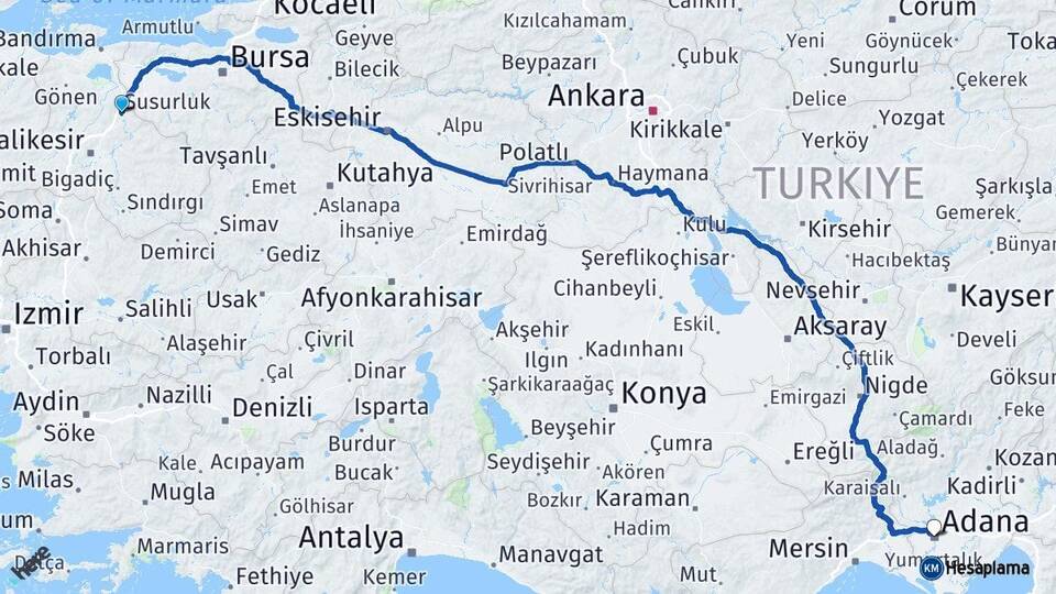 Balıkesir Susurluk Adana Arası Kaç Km - Yol Haritası