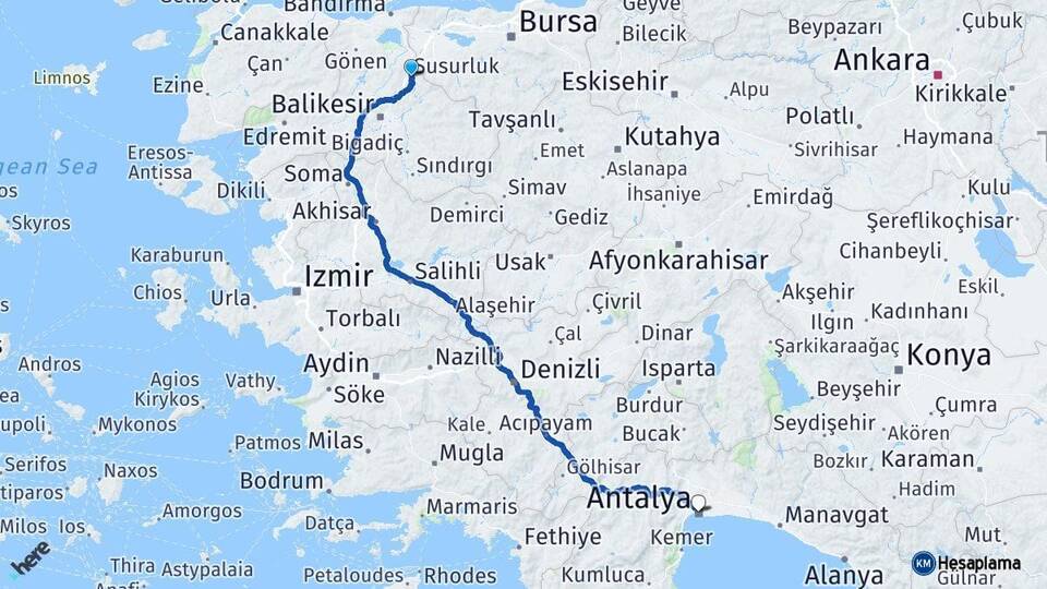 Balıkesir Susurluk Antalya Arası Kaç Km - Yol Haritası