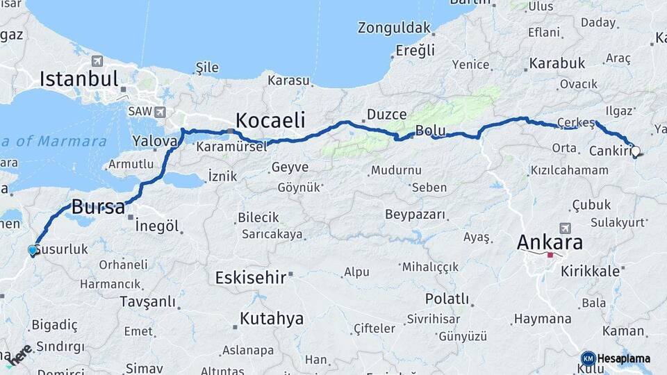 Balıkesir Susurluk Çankırı Arası Kaç Km - Yol Haritası