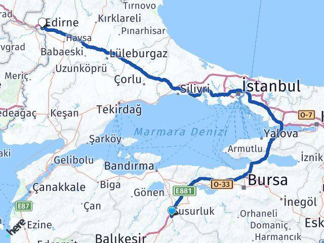Balıkesir Susurluk Edirne Arası Kaç Km - Yol Haritası