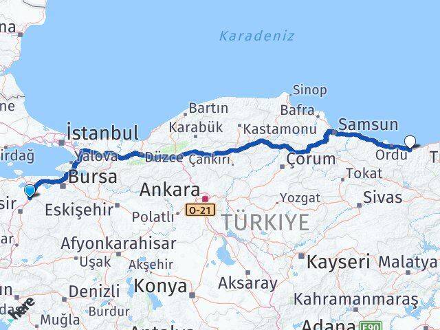 Balıkesir Susurluk Giresun Arası Kaç Km - Yol Haritası