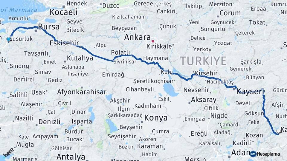Balıkesir Susurluk Kahramanmaraş Arası Kaç Km - Yol Haritası