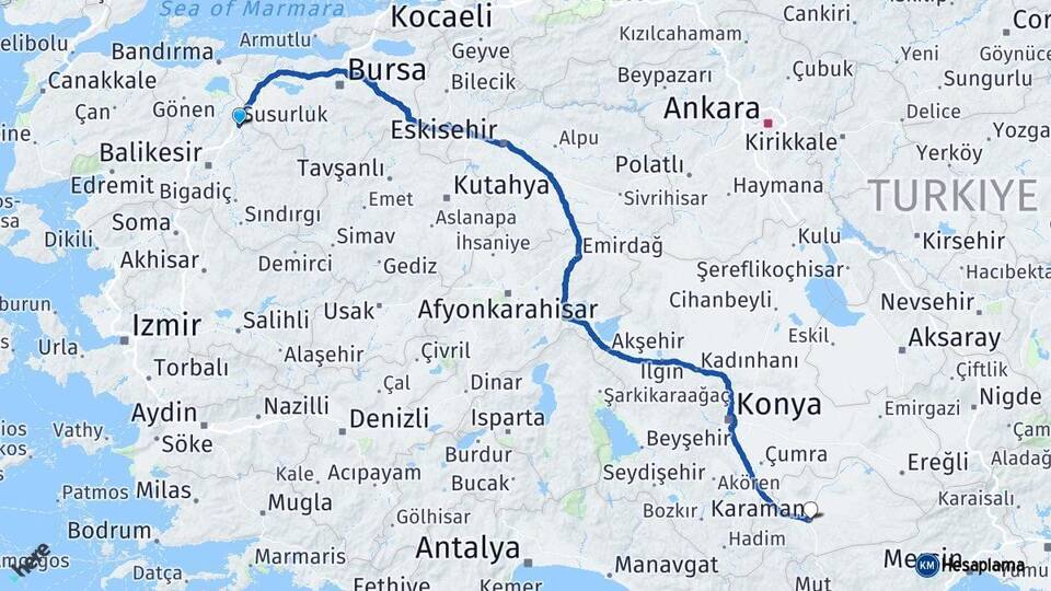 Balıkesir Susurluk Karaman Arası Kaç Km - Yol Haritası