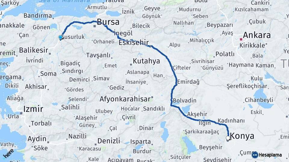 Balıkesir Susurluk Konya Arası Kaç Km - Yol Haritası