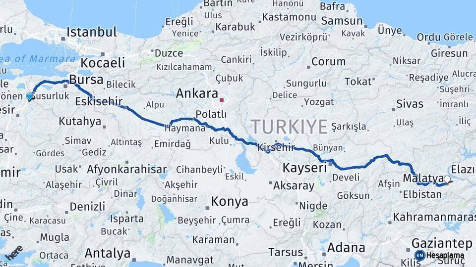 Balıkesir Susurluk Malatya Arası Kaç Km - Yol Haritası