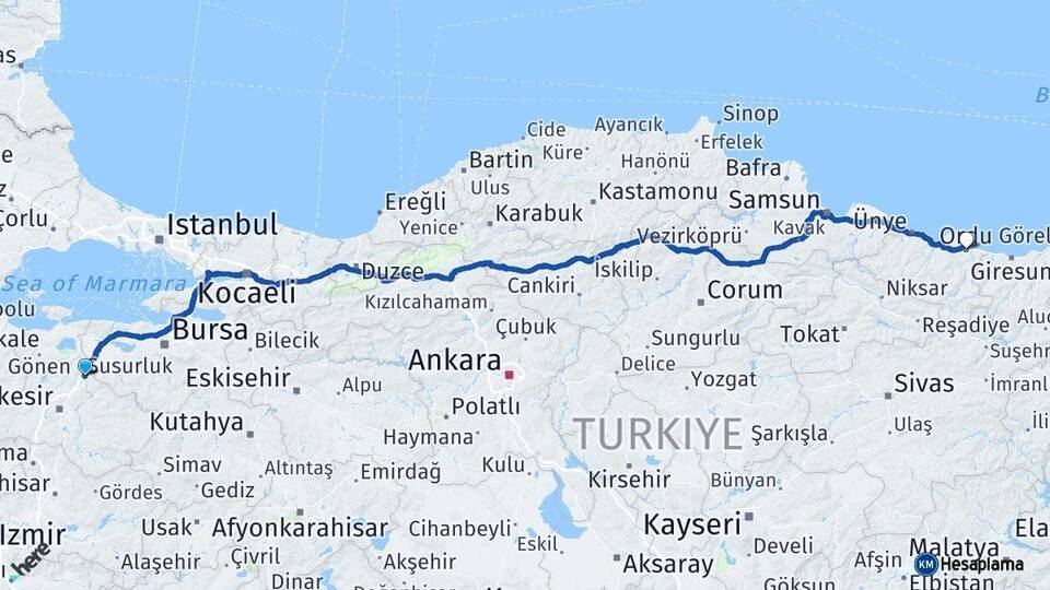 Balıkesir Susurluk Ordu Arası Kaç Km - Yol Haritası