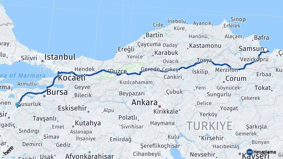 Balıkesir Susurluk Samsun Arası Kaç Km - Yol Haritası