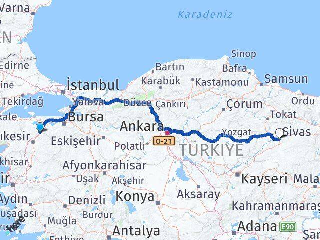 Balıkesir Susurluk Sivas Arası Kaç Km - Yol Haritası