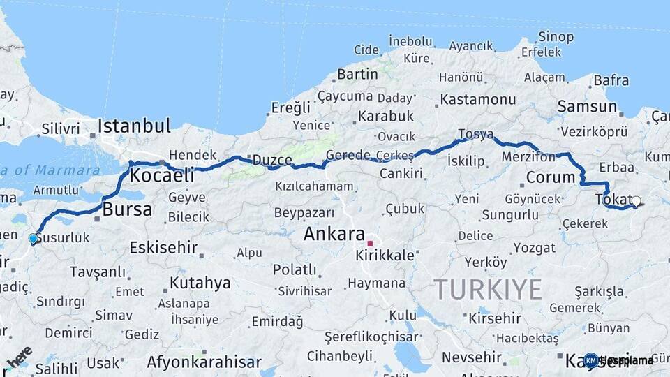 Balıkesir Susurluk Tokat Arası Kaç Km - Yol Haritası