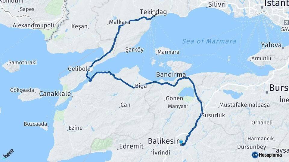 Balıkesir Tekirdağ Arası Kaç Km - Yol Haritası